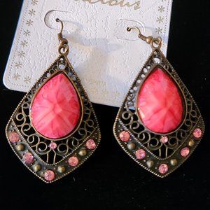 2 Pr. Pink Antique Gold Ornate Earrings, Oxidized Metal NWOT